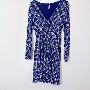 Gilli Faux wrap midi v neck long sleeve dress blue cream size L